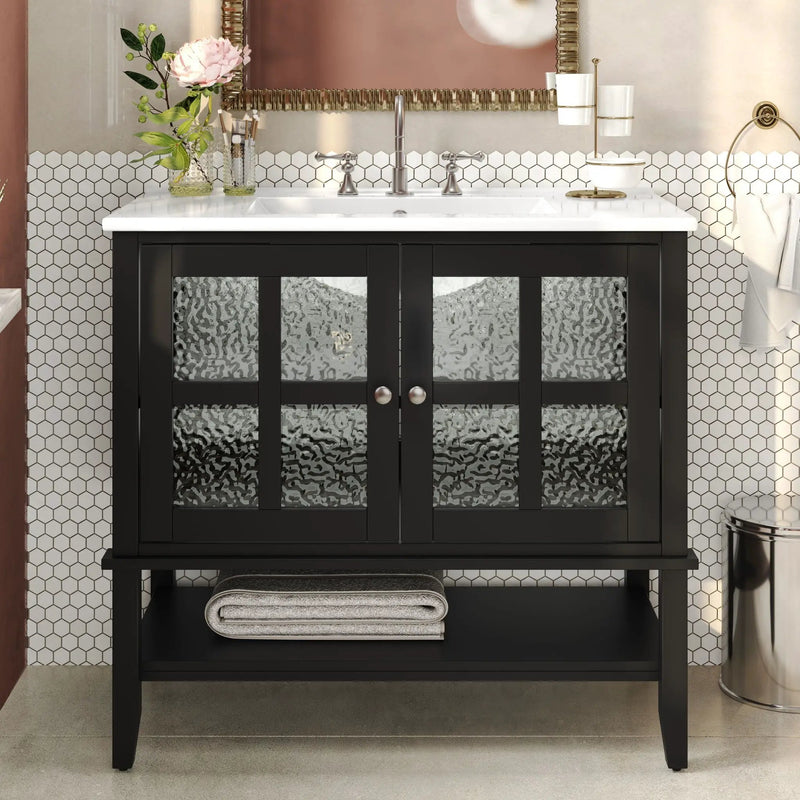 Bathroom Vanity With Ceramic Sink, Adjustable & Open Shelf by HouseOfZazla