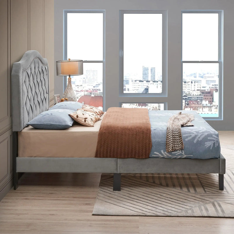 Queen Platform Upholstered Bed Button Tufted With Curve Design, Strong Wood Slat Support - Gray by Unique Piece Furniture
