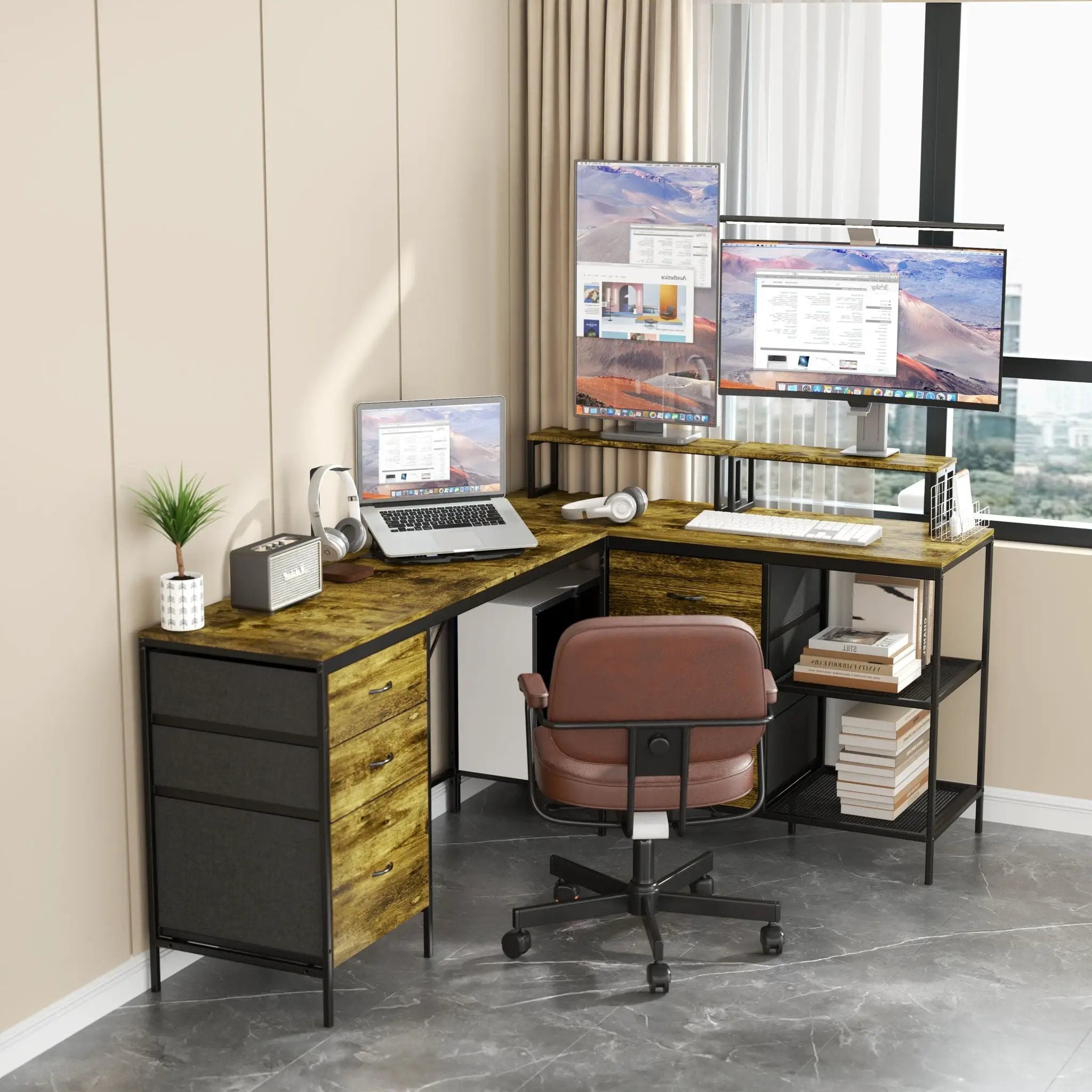 Industrial L Shaped Desk With Power Hub With 6 Drawers And Adjustable Monitor Stands - Brown by HouseOfZazla