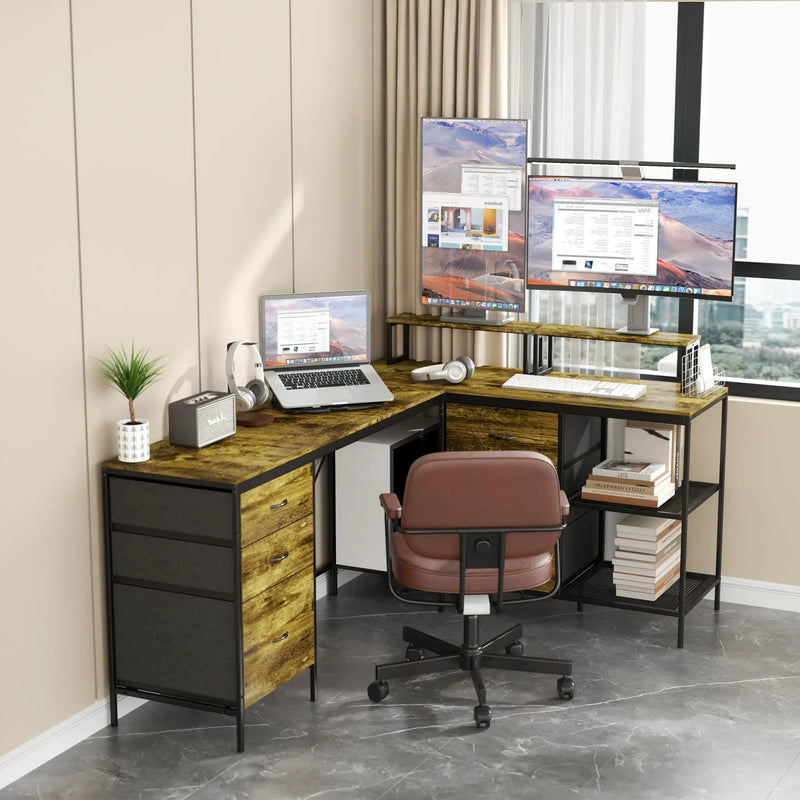 Industrial L Shaped Desk With Power Hub With 6 Drawers And Adjustable Monitor Stands - Brown by HouseOfZazla