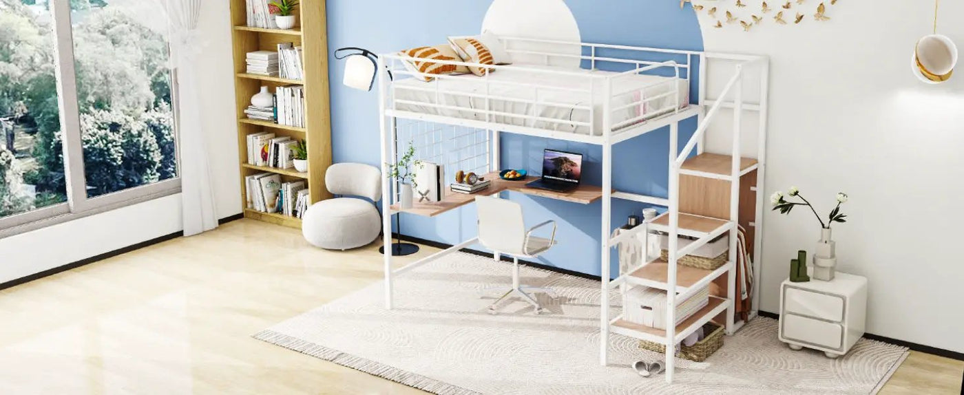 Loft Bed With Desk And Grid, Stylish Frame With Lateral Storage Ladder And Wardrobe by HouseOfZazla