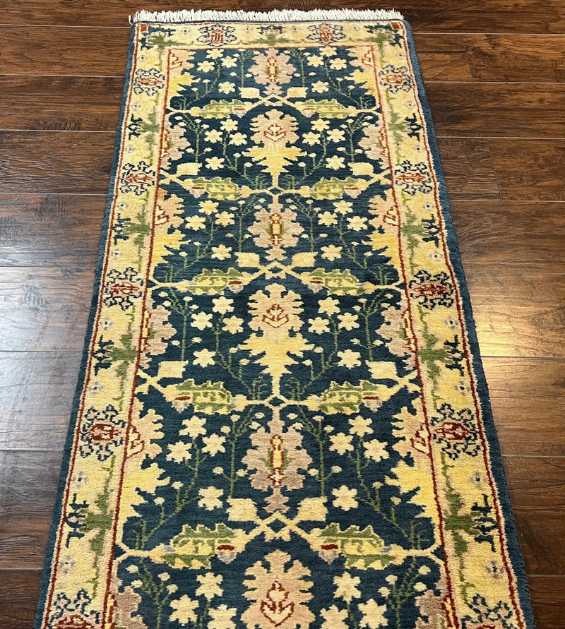 Indian Runner Rug 2.6 x 12, Navy Blue Beige Oriental Runner Rug 12ft Long, Narrow Hallway Runner, Wool Hand Knotted Indo Persian Mahal Rug by Jewel Rugs