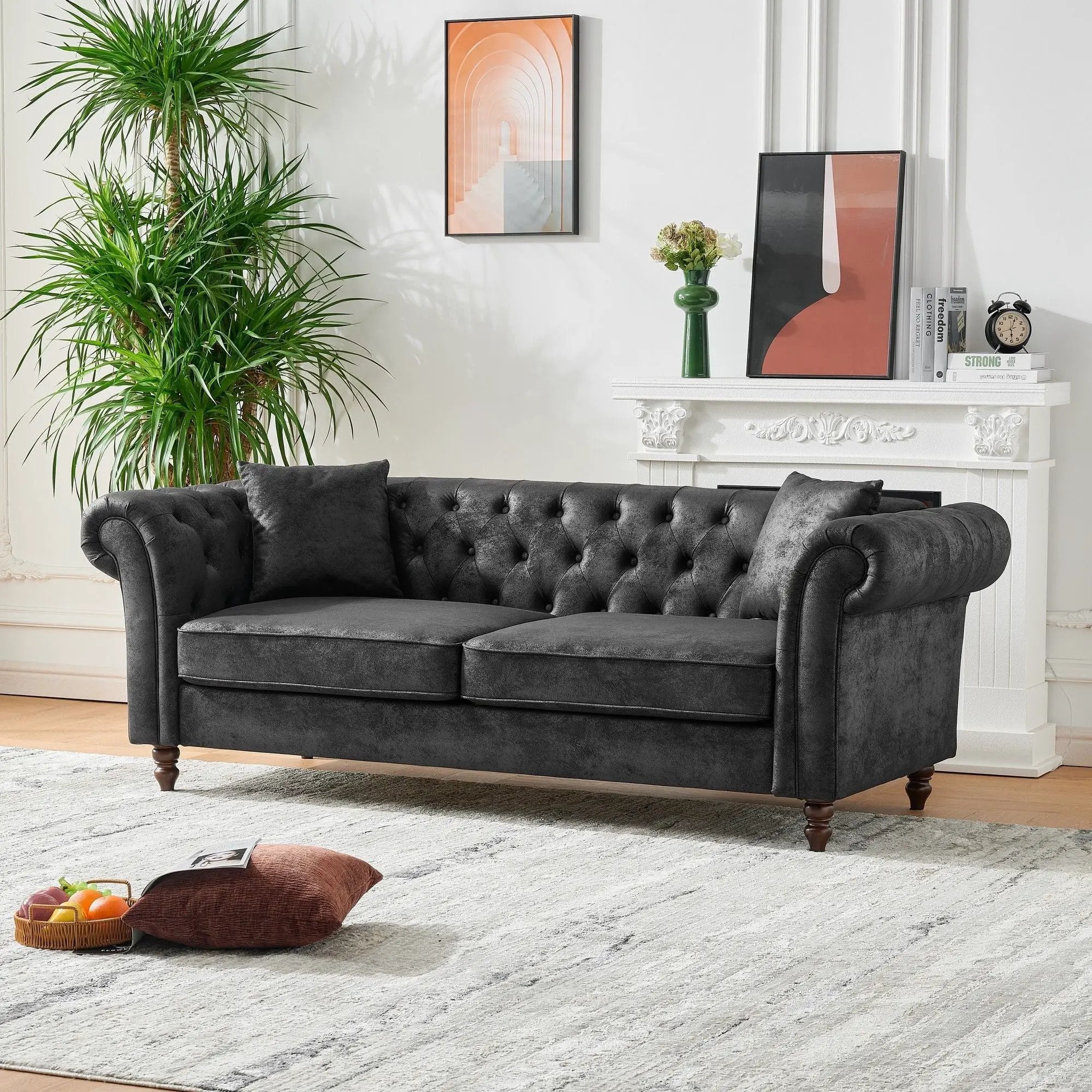 Chesterfield Sofa, High Tech Fabric Roll Armrest, 3 Seater Couch - Black by Unique Piece Furniture