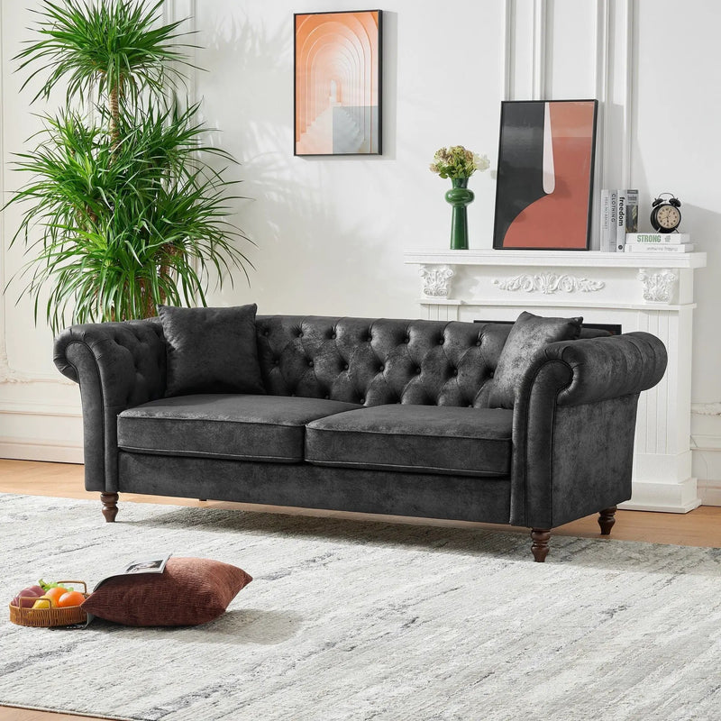Chesterfield Sofa, High Tech Fabric Roll Armrest, 3 Seater Couch - Black by Unique Piece Furniture