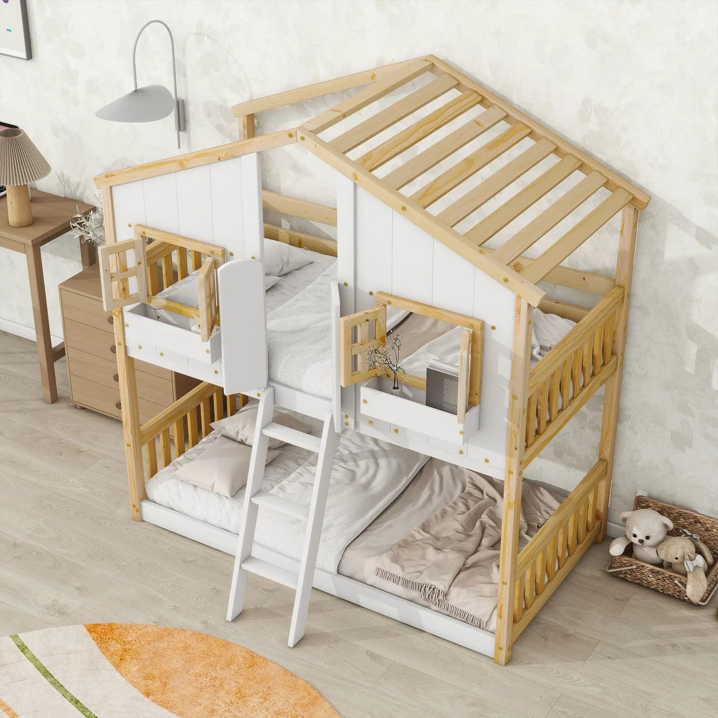 House Bunk Bed With Roof, Window, Window Box, Door, With Safety Guardrails And Ladder by Unique Piece Furniture