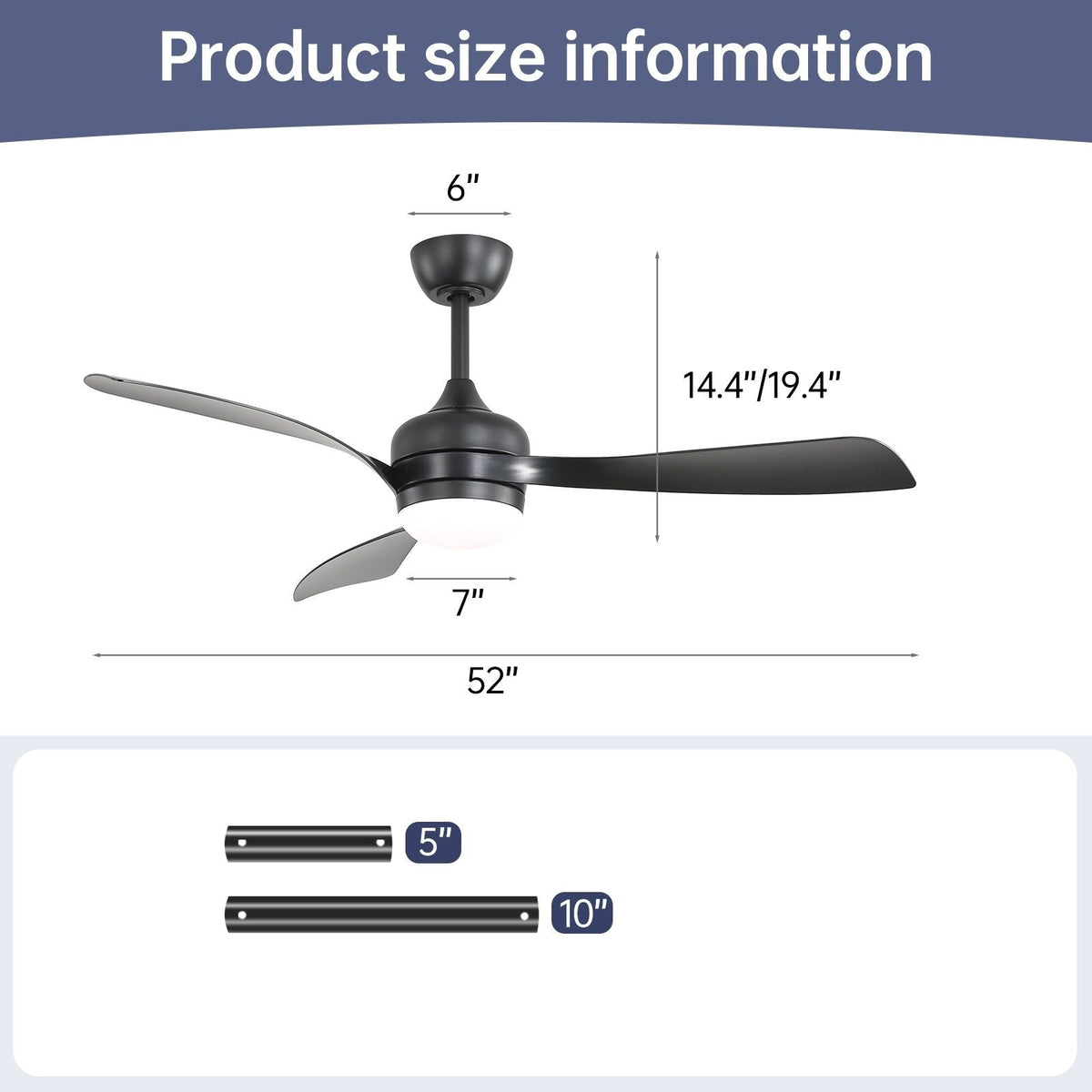 Ceiling Fan With 3 Blades, Remote Control, Reversible DC Motor, Noiseless Operation, 3 Downrods, photo 14 of 21