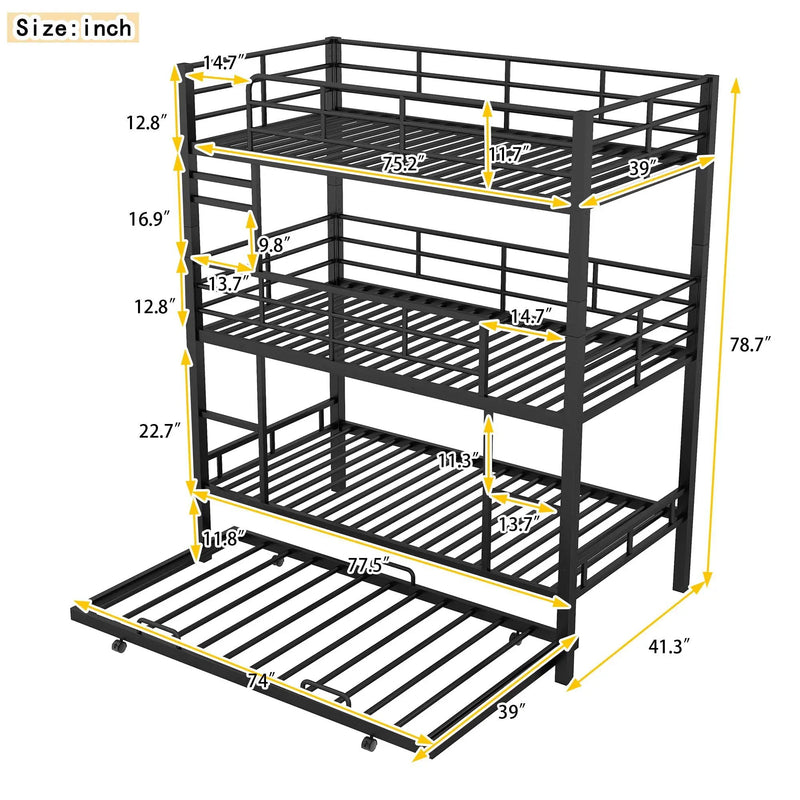 Triple Bunk Bed With Trundle, Heavy Duty Steel Construction by Unique Piece Furniture
