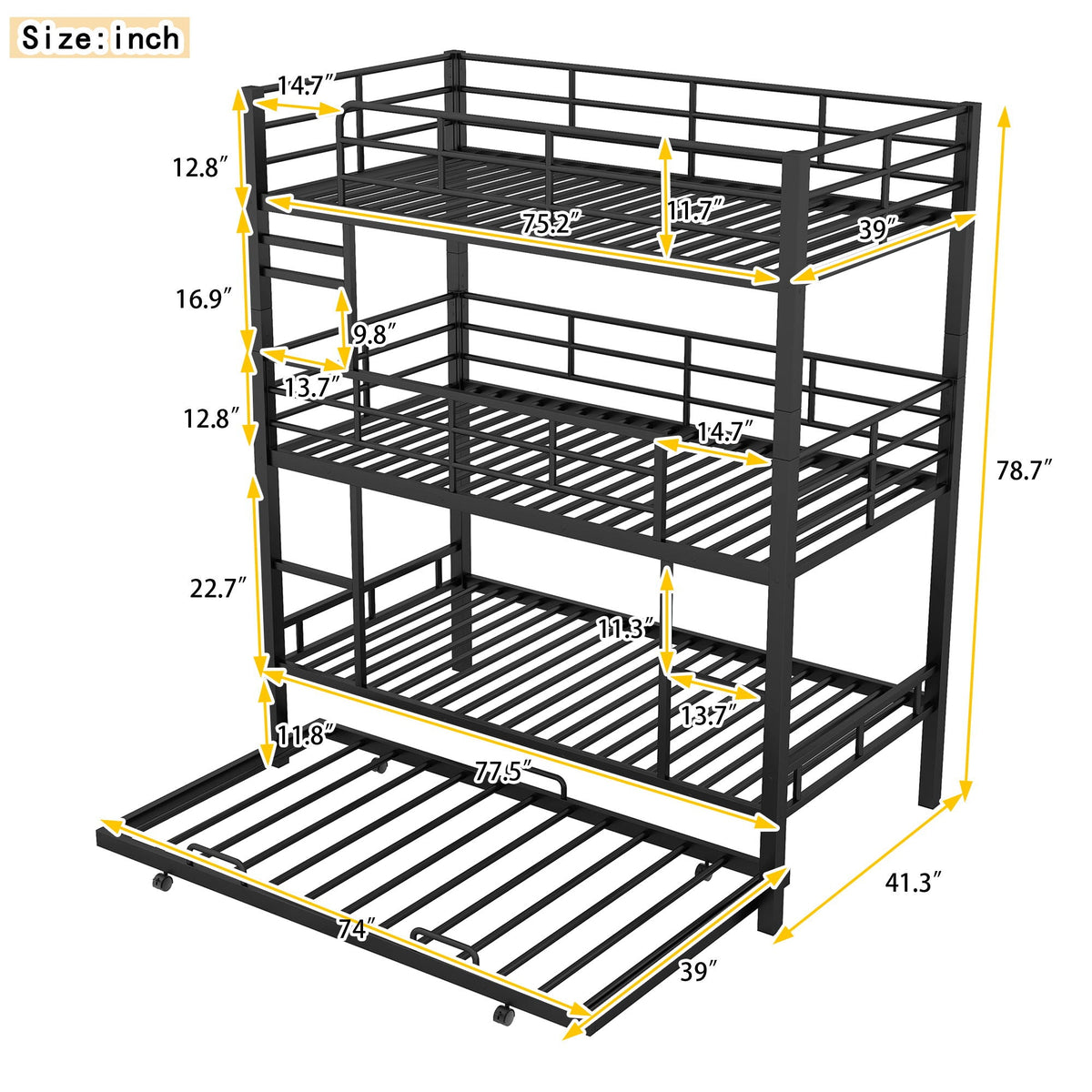 Triple Twin Bunk Bed with Trundle - Heavy Duty Steel Construction, photo 7 of 24