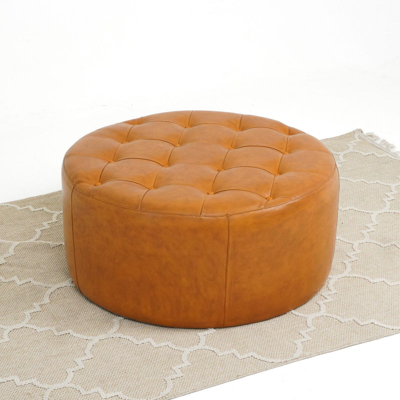 Light Tan Leather Ottoman with Solid Wood Base - Seletar, photo 4 of 8