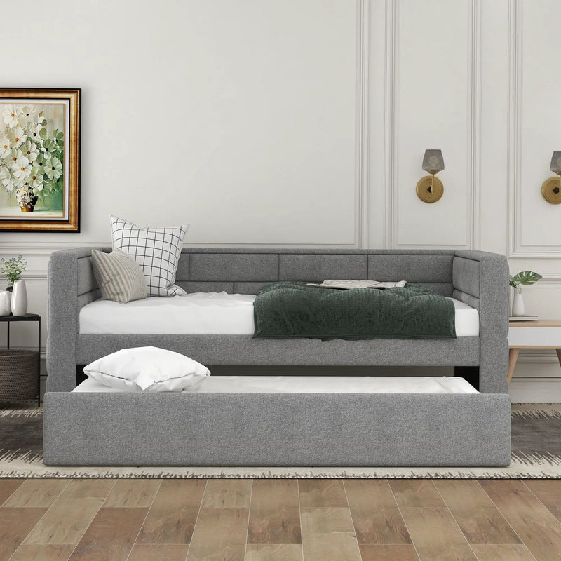 Upholstered Twin Size Daybed With Trundle, Padded Back And Sides - Gray by Unique Piece Furniture