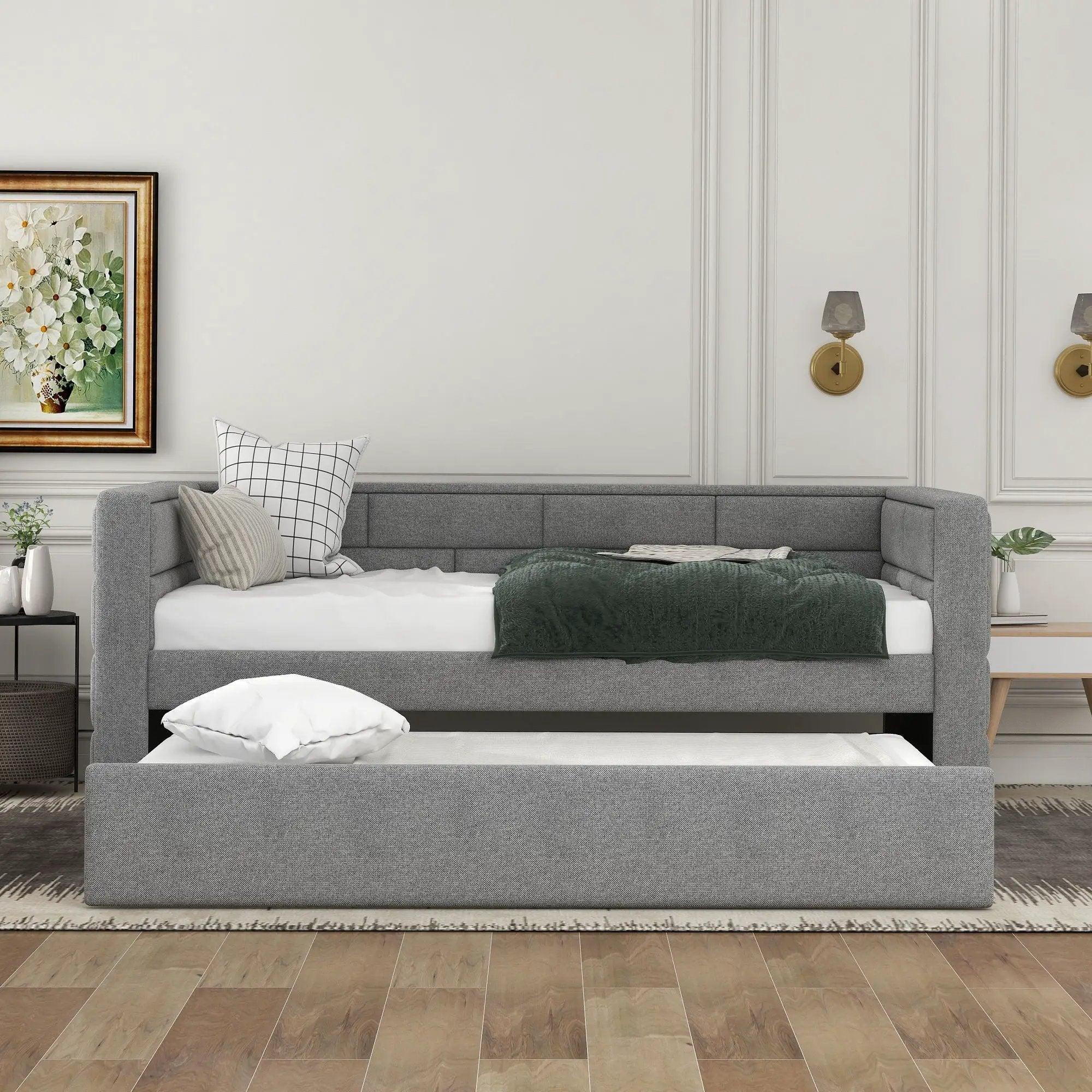 Upholstered Twin Size Daybed With Trundle, Padded Back And Sides - Gray by HouseOfZazla