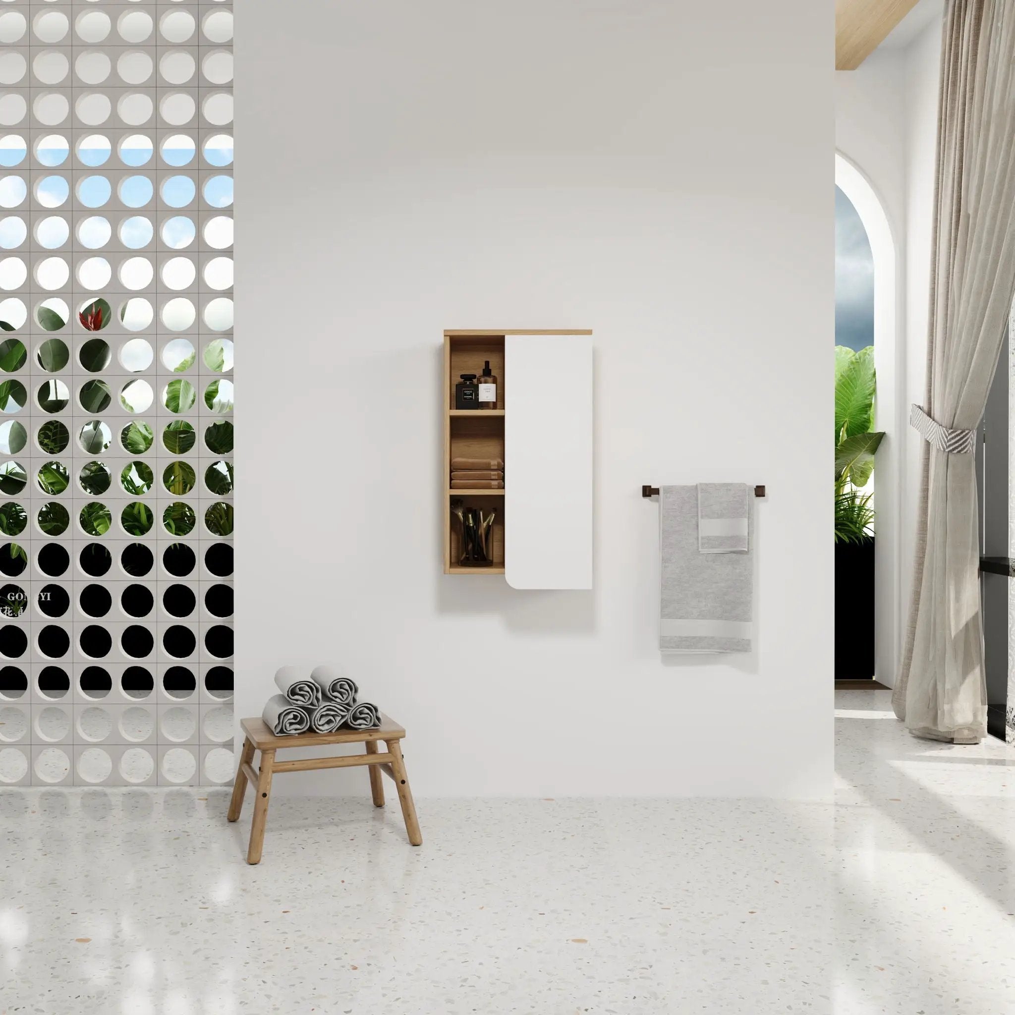 Wall Mounted Bathroom Side Cabinet, Single Door With 3 Tier Open Shelves - Black / Light Oak / White by HouseOfZazla