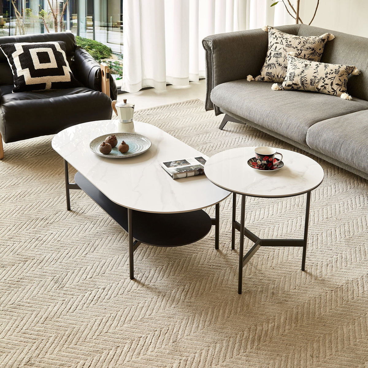 Contemporary Coffee Table with Sintered Stone Surface and Double Layer - White / Gray, photo 6 of 18