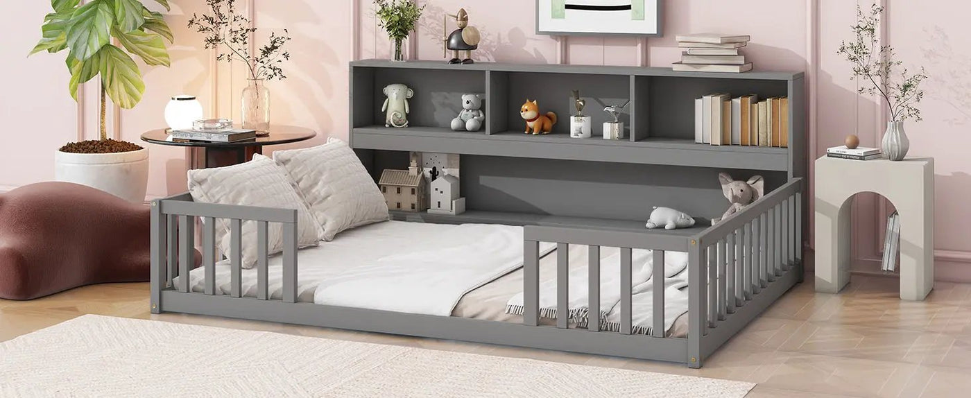 Floor Bed With Side Bookcase, Shelves, Guardrails by Unique Piece Furniture