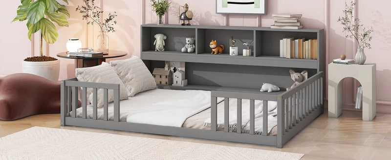 Floor Bed With Side Bookcase, Shelves, Guardrails by Unique Piece Furniture