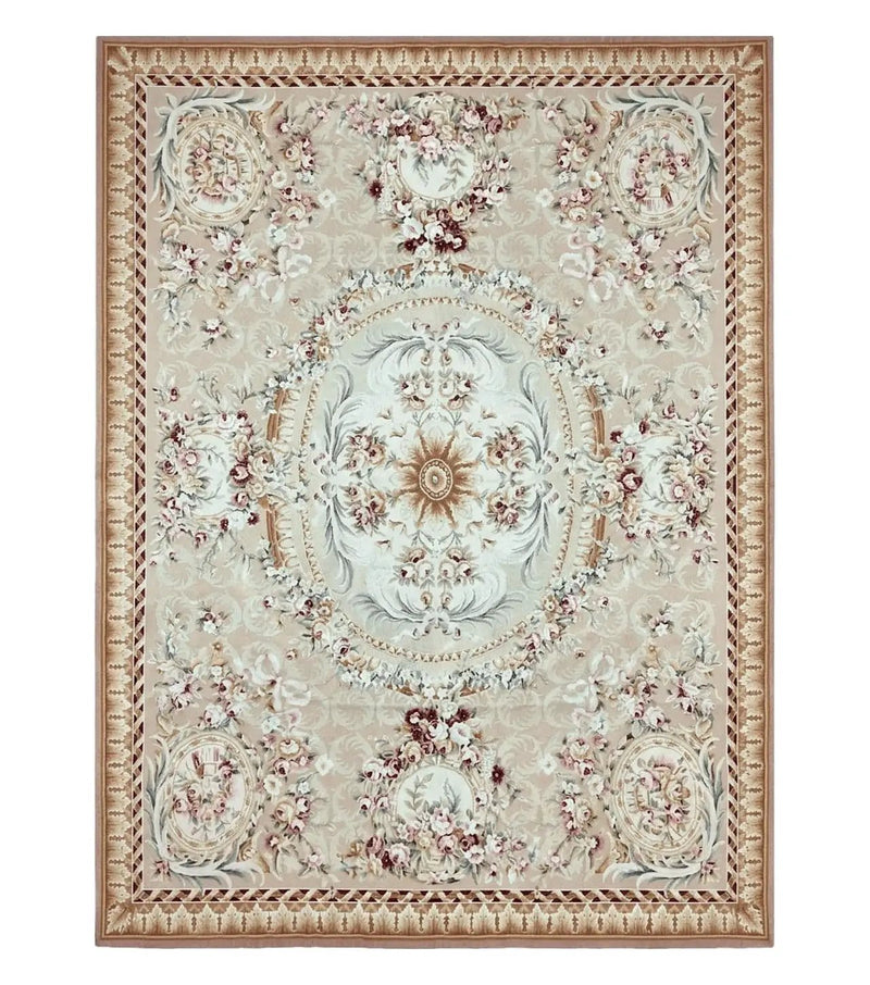 Aubusson Rug 9x12, Elegant Savonnerie Carpet 9 x 12 ft, Beige Ivory Tan, Floral, Flatweave Wool Handmade Area Rug 9 x 12 ft, European French by Jewel Rugs