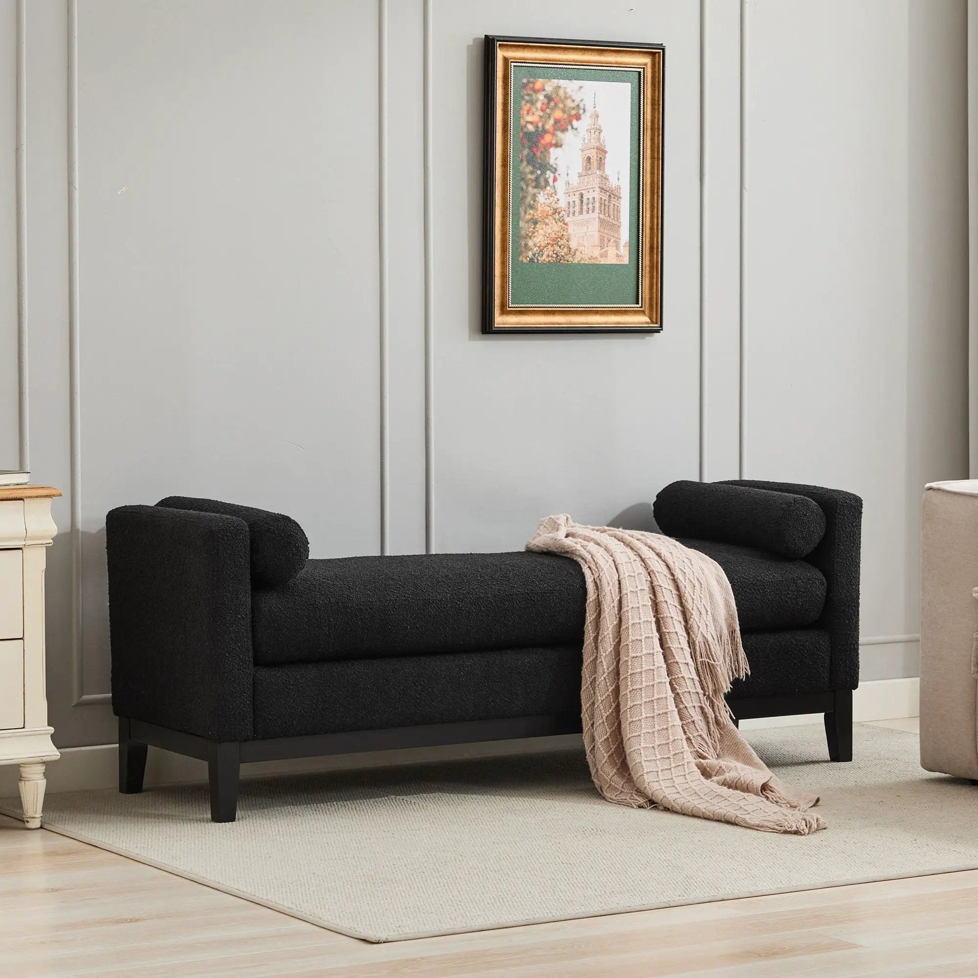 Elegant Upholstered Bench, Daybed, Ottoman With Wood Legs & 2 Bolster Pillows - Black Boucle by Unique Piece Furniture