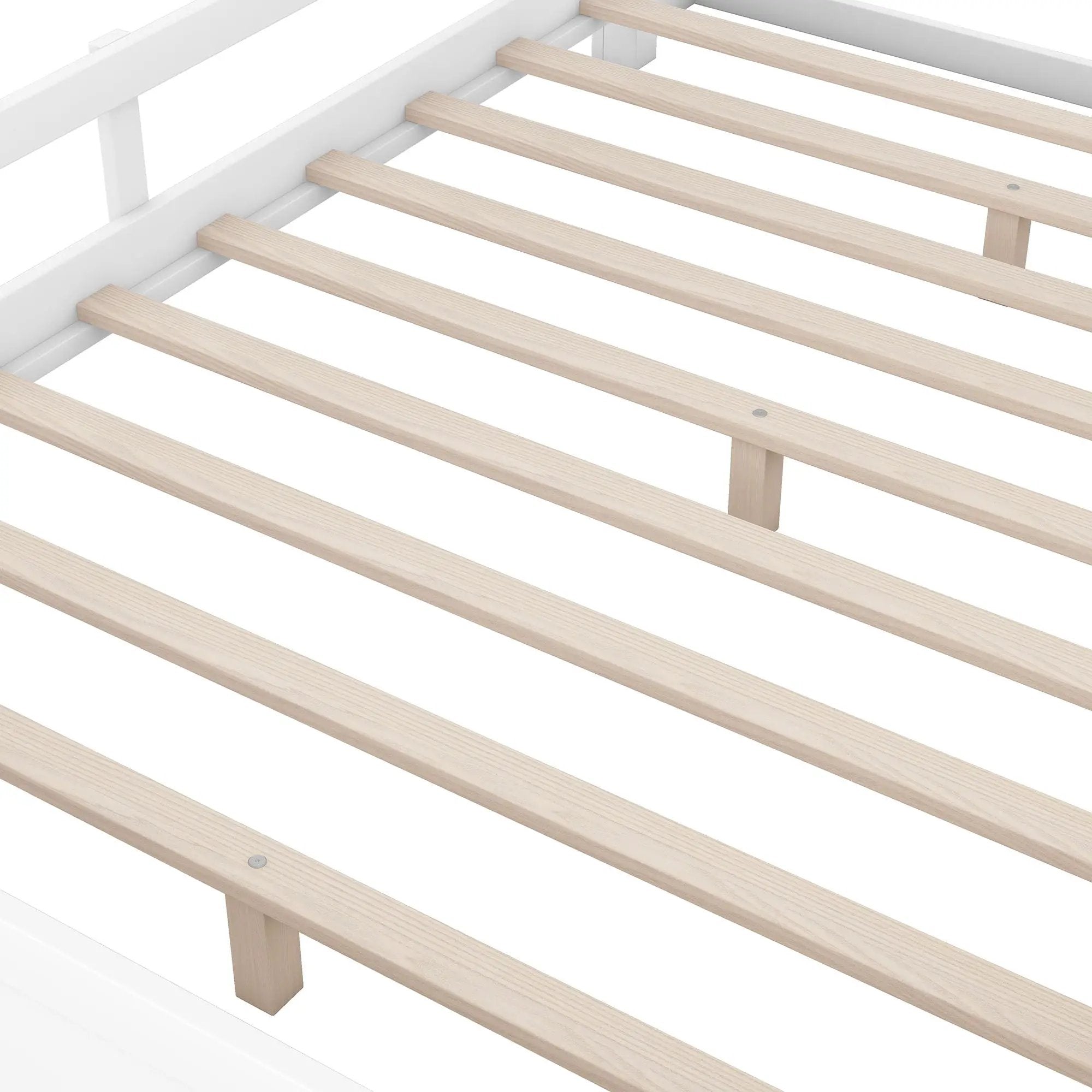 Wood Platform Bed With Built In LED Light, Storage Headboard And Guardrail