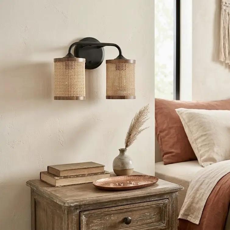 Quell - Double Light Vanity With Natural Shade Wall Lamp - Black / Rattan by HouseOfZazla