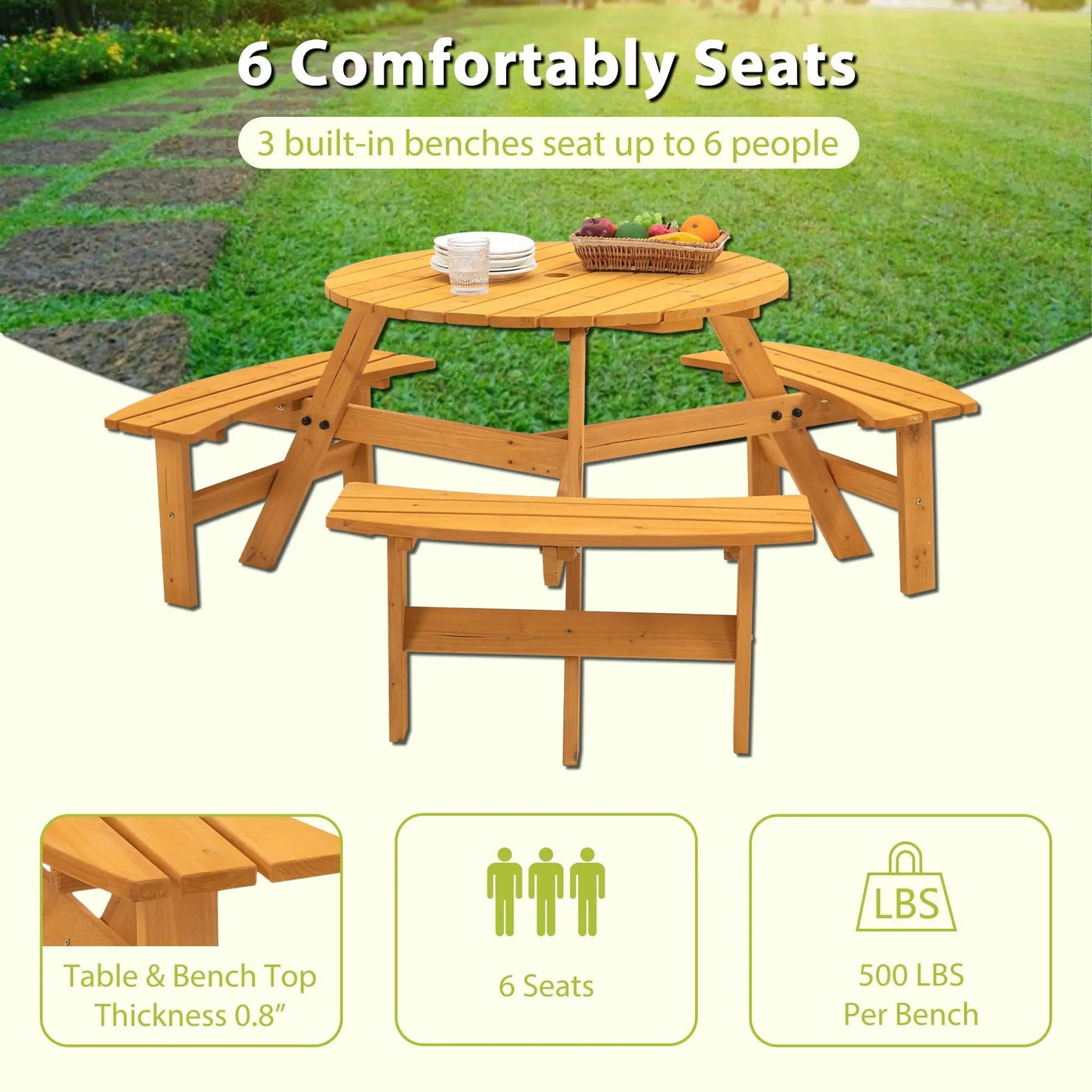 6 Person Circular Outdoor Wooden Picnic Table For Patio, Backyard, Garden, Diy With 3 Built-In Benches, 1720Lb Capacity by HouseOfZazla