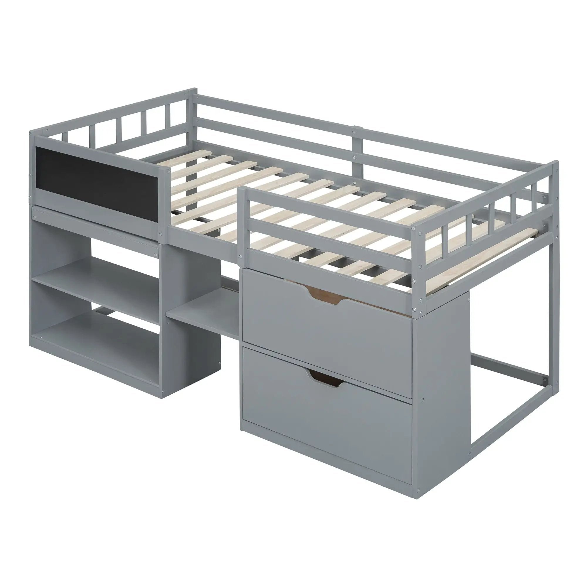 Low Loft Bed With Rolling Desk, Shelf And Drawers by HouseOfZazla