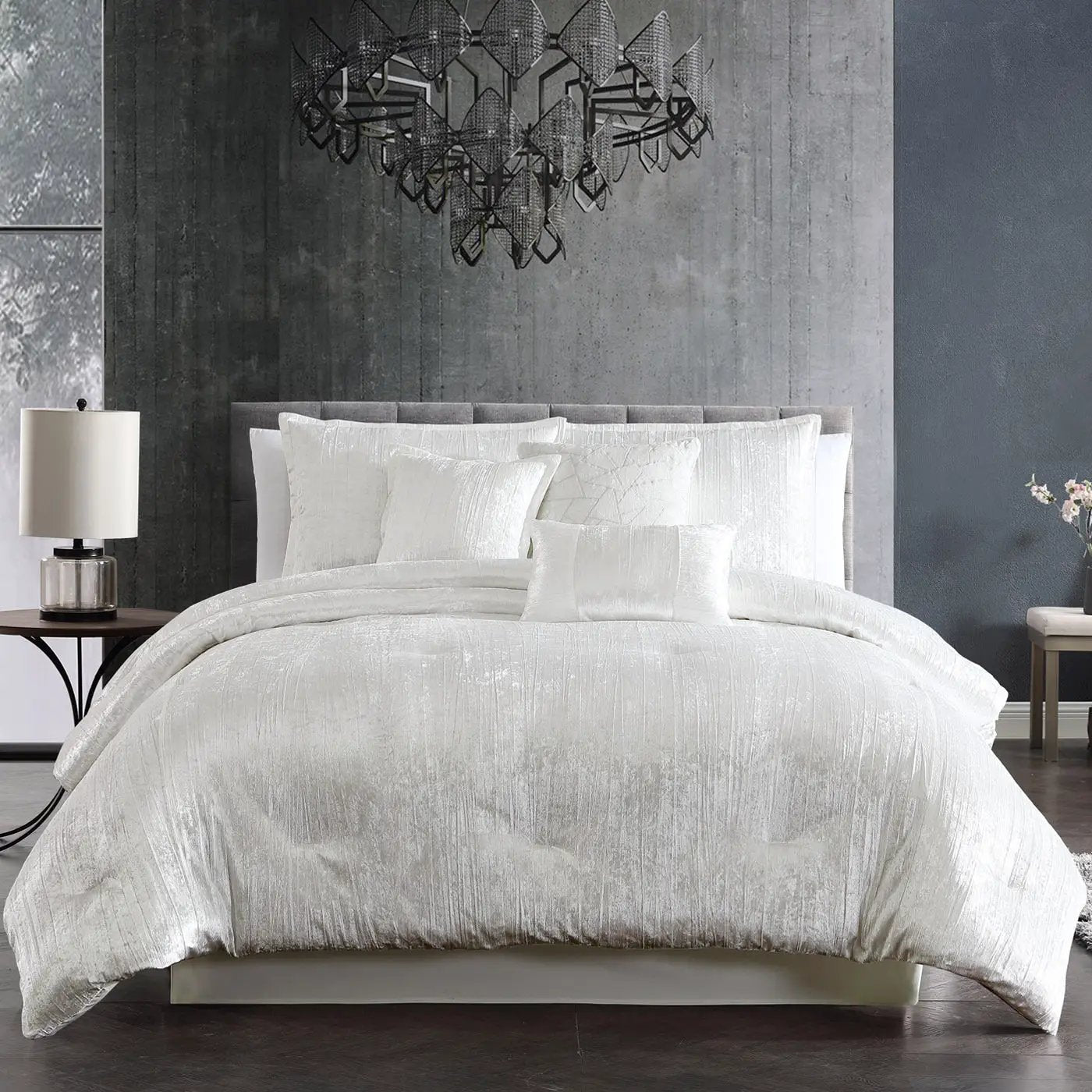 Turin 7 Piece White Crinkle Velvet Queen Comforter Ensemble by HouseOfZazla
