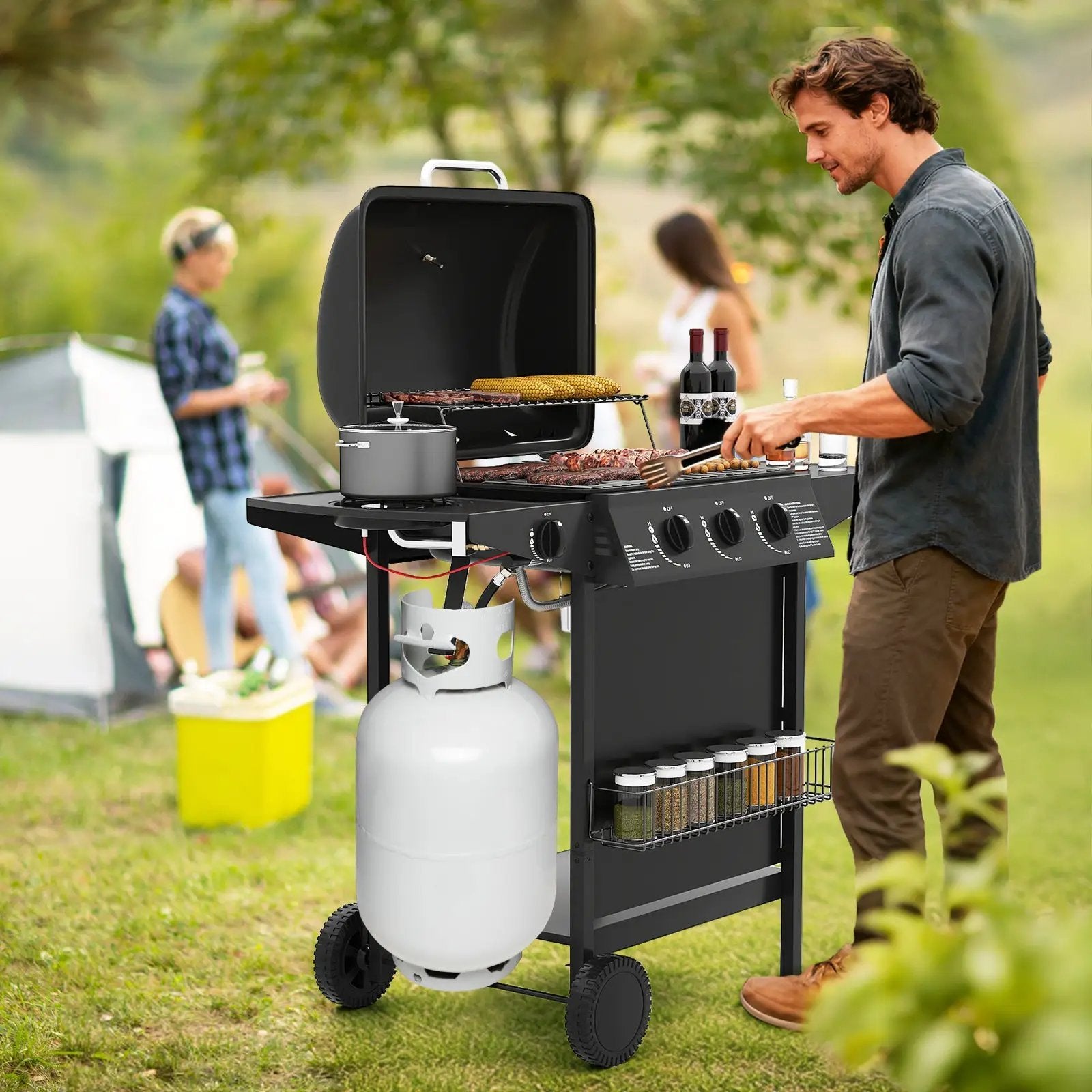 39 000 BTU Outdoor Burner Propane Gas Grill on Wheels-Black by DirectDeals
