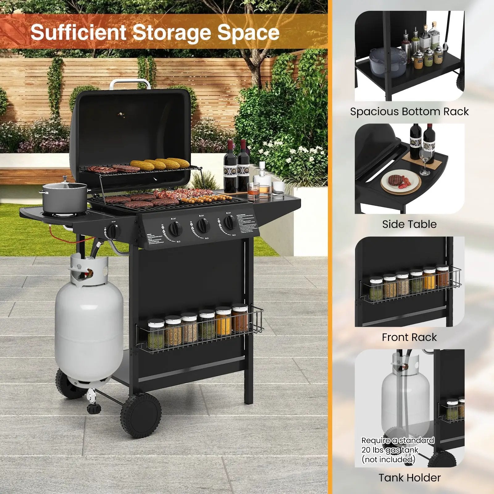 39 000 BTU Outdoor Burner Propane Gas Grill on Wheels-Black by DirectDeals