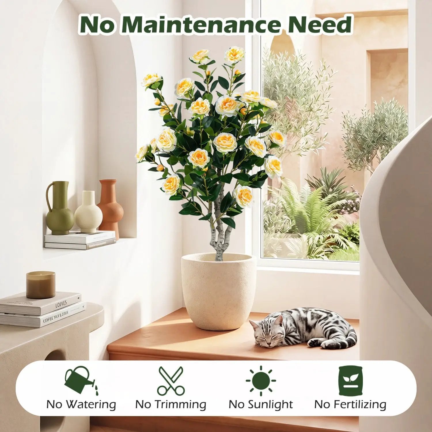 Artificial Camellia Tree 39.5" with Cement Pot by DirectDeals
