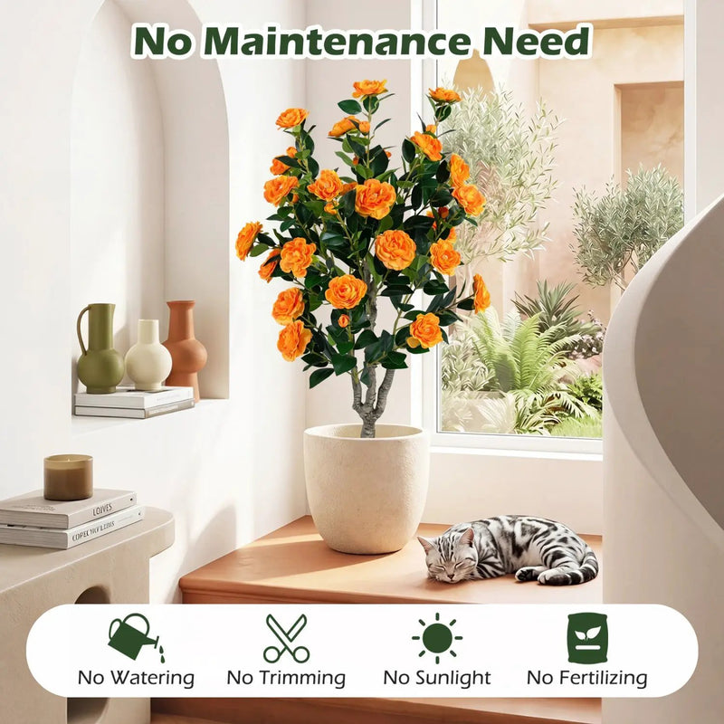 Artificial Camellia Tree 39.5" with Cement Pot by DirectDeals