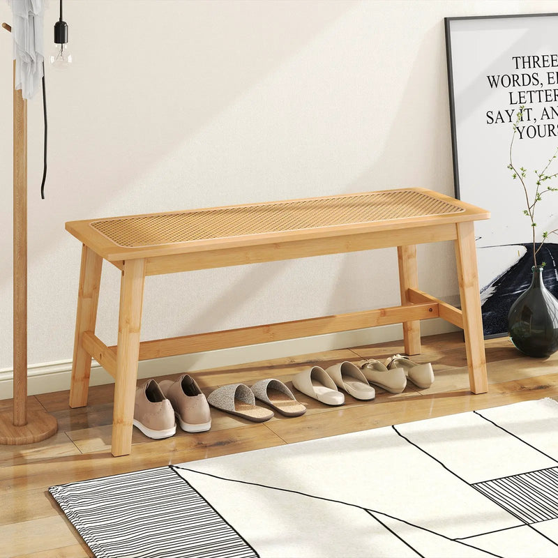 39.5 Inch Bamboo Dining Bench with Handwoven Rattan Seat for Indoor Outdoor-Natural by DirectDeals