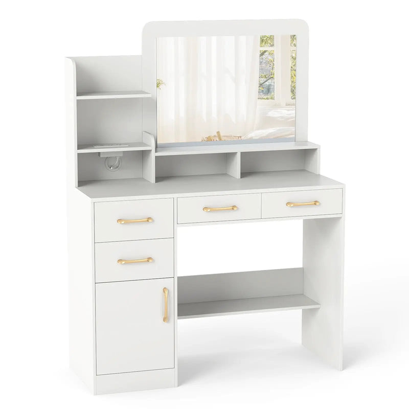 39.5 Inch Vanity Desk with Power Outlets and Mirror for Bedroom-White by DirectDeals