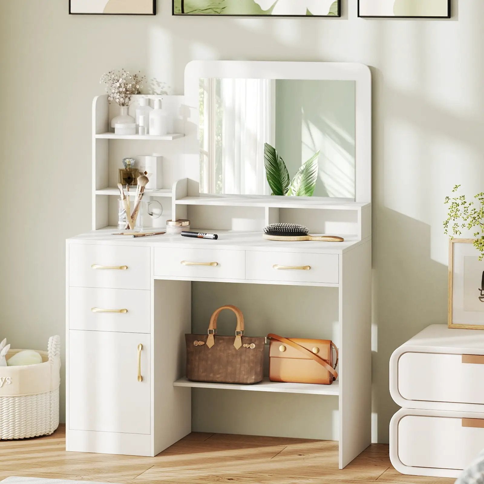 39.5 Inch Vanity Desk with Power Outlets and Mirror for Bedroom-White by DirectDeals