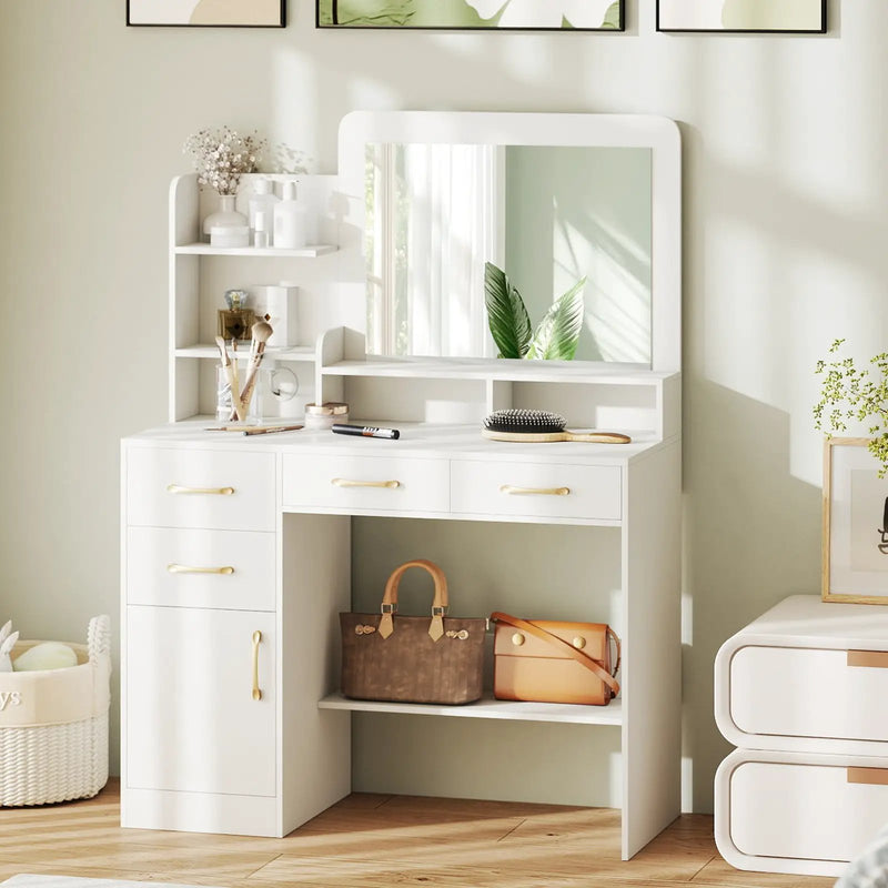 39.5 Inch Vanity Desk with Power Outlets and Mirror for Bedroom-White by DirectDeals