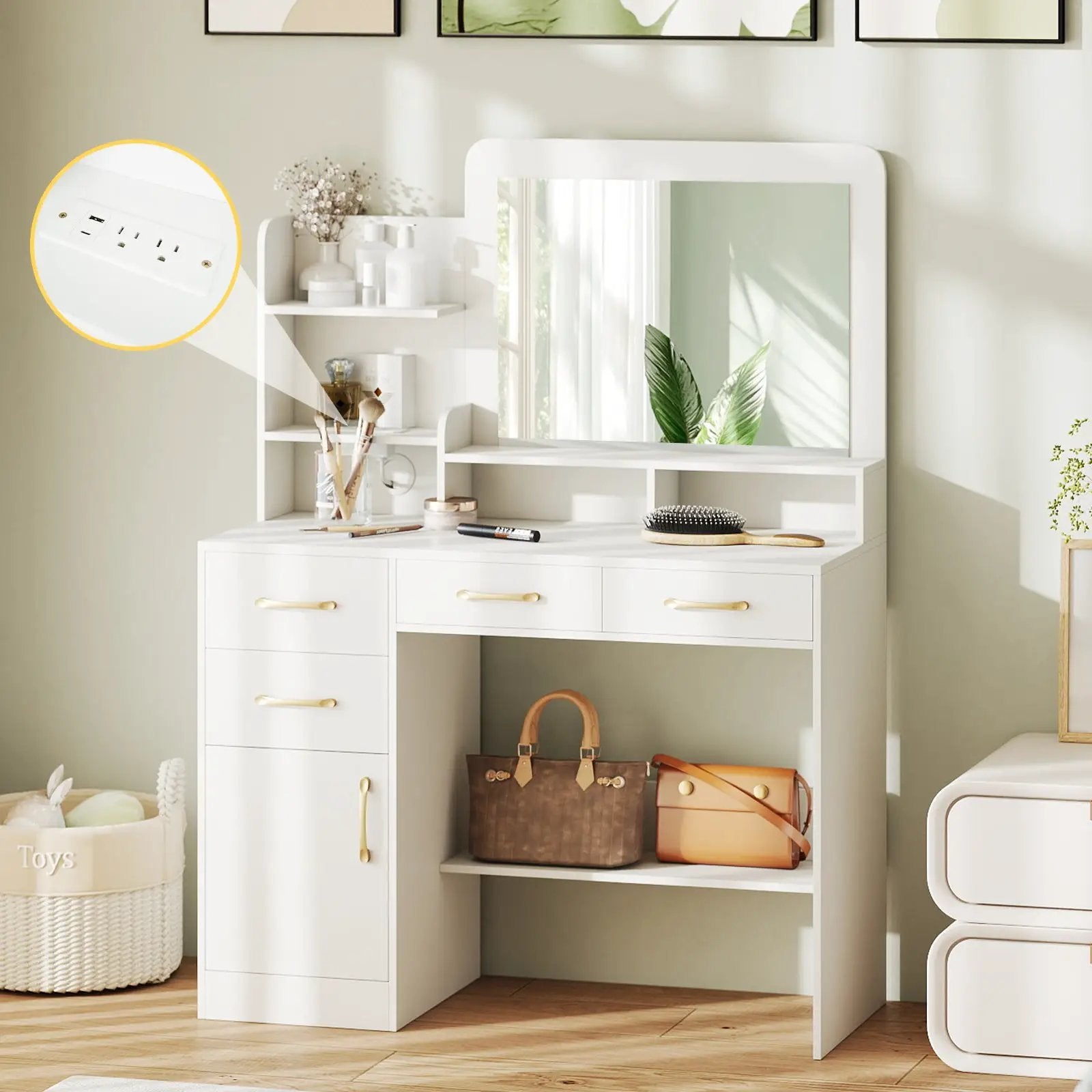 39.5 Inch Vanity Desk with Power Outlets and Mirror for Bedroom-White by DirectDeals