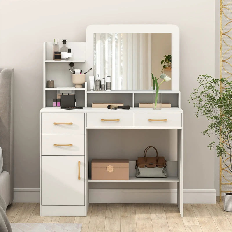39.5 Inch Vanity Desk with Power Outlets and Mirror for Bedroom-White by DirectDeals