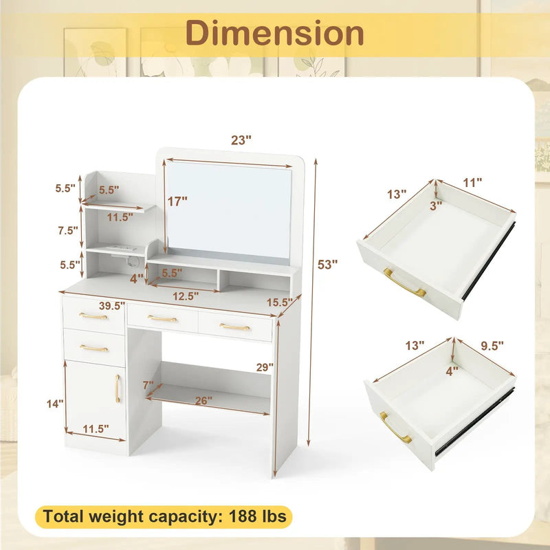 39.5 Inch Vanity Desk with Power Outlets and Mirror for Bedroom-White by DirectDeals