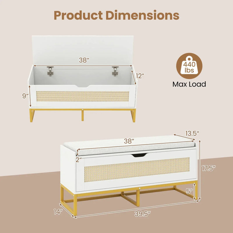 39.5" Rattan Storage Chest Wicker Shoe Bench with Padded Seat Flip-Top by DirectDeals