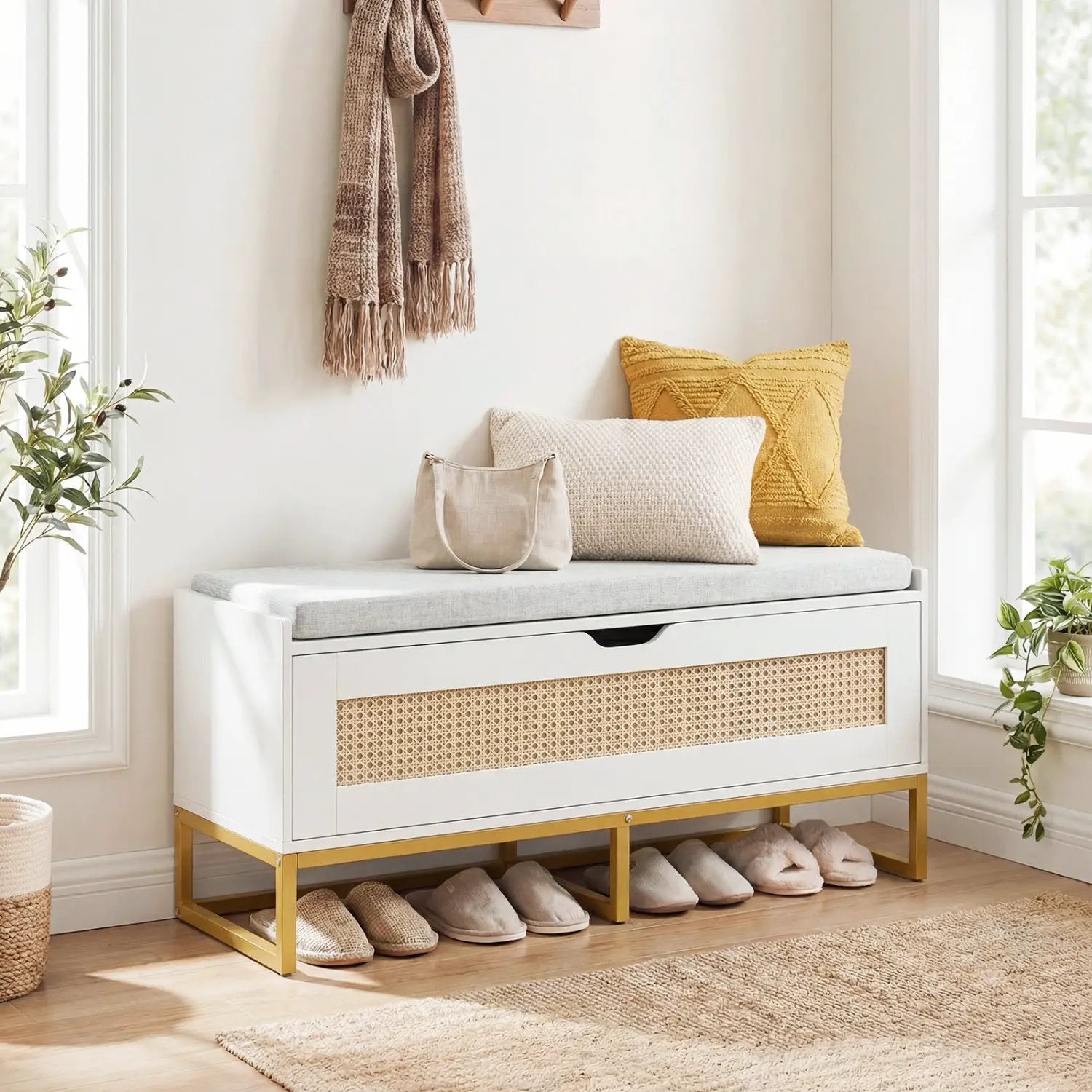 39.5" Rattan Storage Chest Wicker Shoe Bench with Padded Seat Flip-Top by DirectDeals