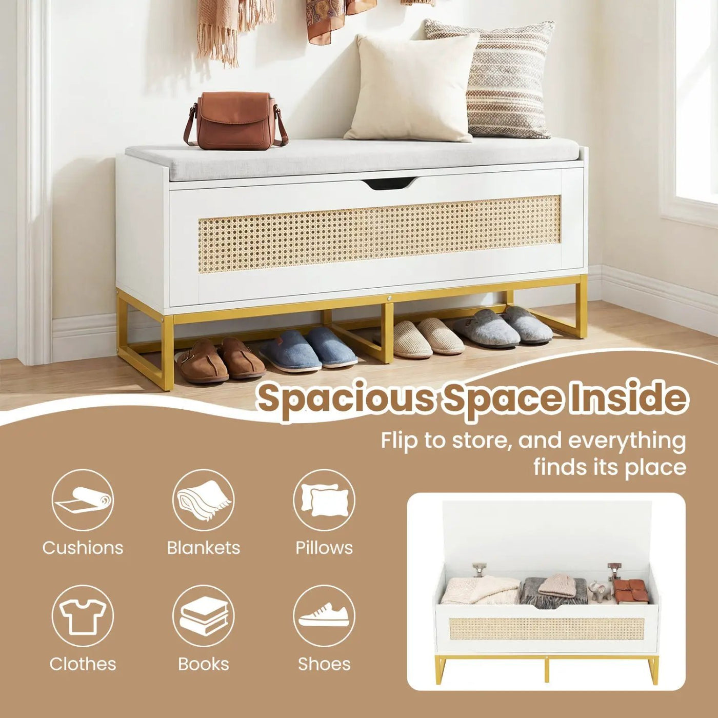 39.5" Rattan Storage Chest Wicker Shoe Bench with Padded Seat Flip-Top by DirectDeals