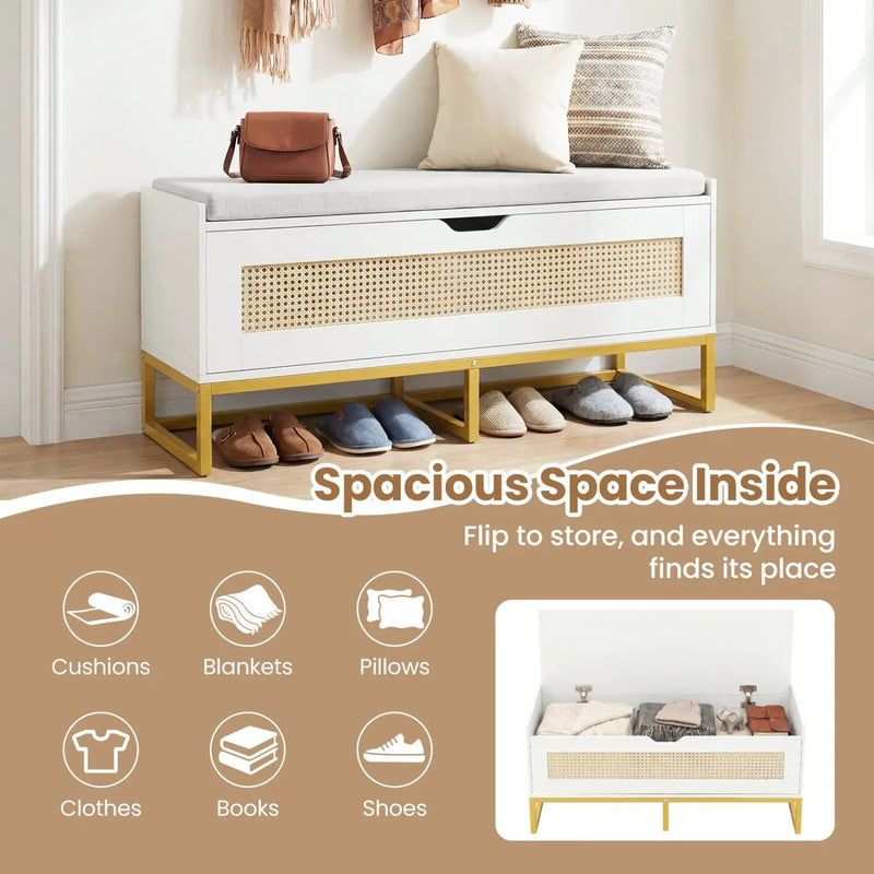 39.5" Rattan Storage Chest Wicker Shoe Bench with Padded Seat Flip-Top by DirectDeals