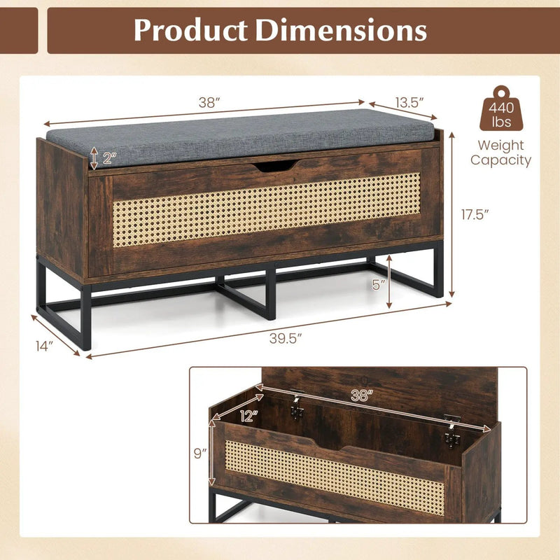 39.5" Rattan Storage Chest Wicker Shoe Bench with Padded Seat Flip-Top by DirectDeals
