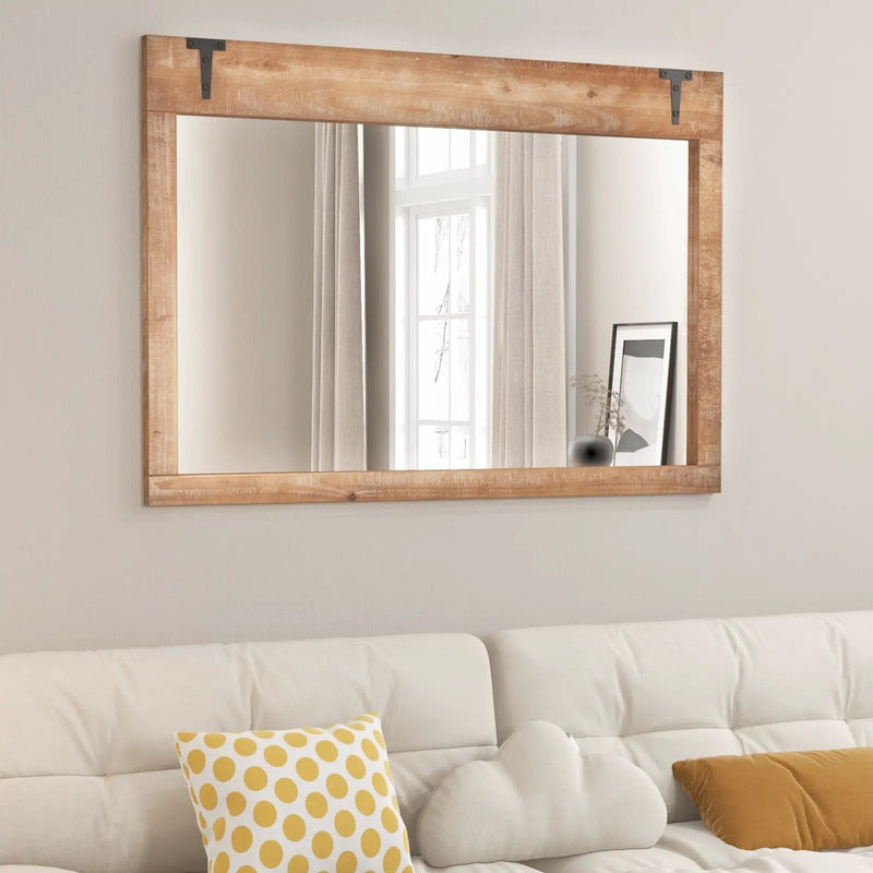39 x 27.5 Inch Farmhouse Rustic Barn Door Wall Mirror with Wood Frame-Natural by DirectDeals