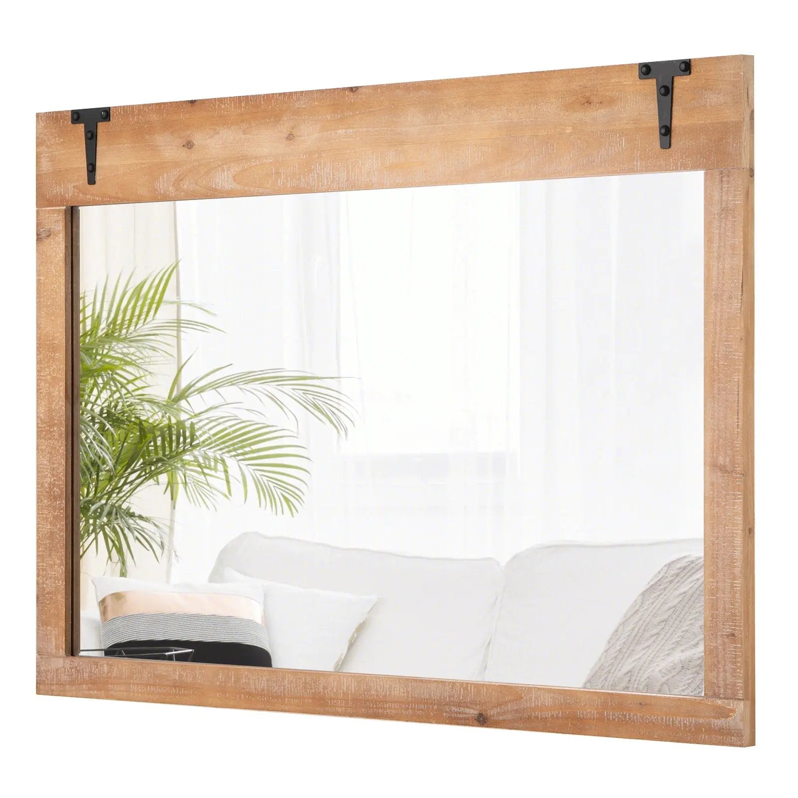 39 x 27.5 Inch Farmhouse Rustic Barn Door Wall Mirror with Wood Frame-Natural by DirectDeals