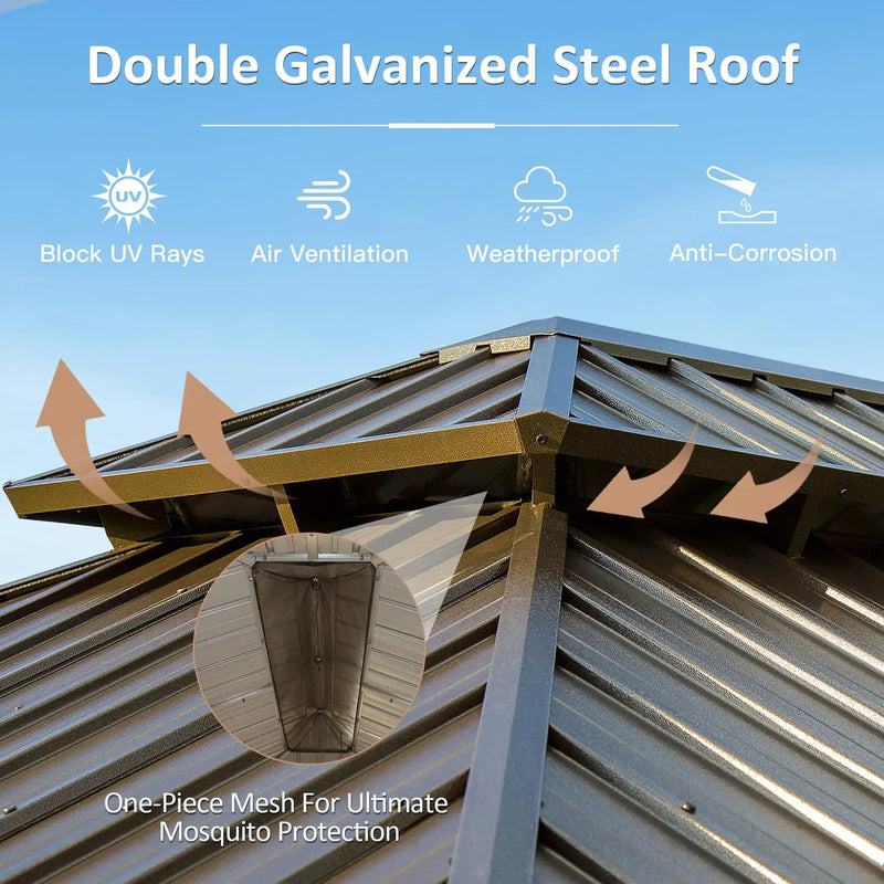 10' x 12' Hardtop Gazebo with Galvanized Steel Double Roof, Curtains, and Netting by HouseOfZazla
