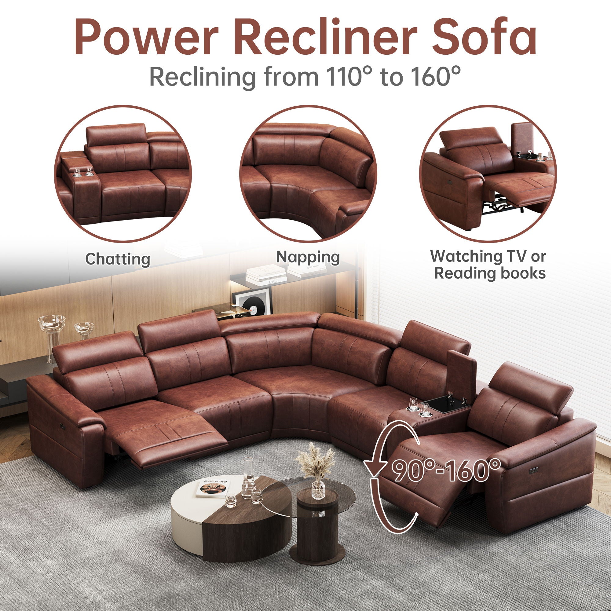 6 Piece Modular Sectional Sofa With 2 Cup Holders, Adjustable Recliners - Dark Brown by Unique Piece Furniture