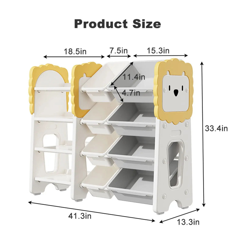 Kids Bookshelf And Toy Storage, 4 Tier Toy Organizers With 8 Removable Storage Bins, Kids Toy Storage Organizer For Study Room - Gray / White / Yellow by Unique Piece Furniture