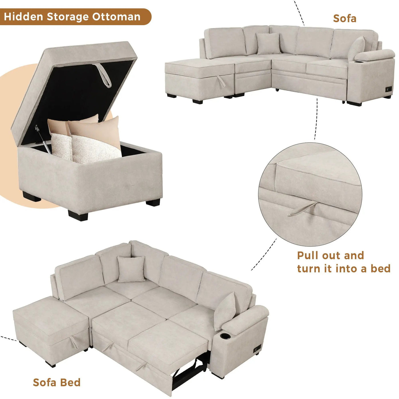 Sleeper Sofa Bed, 2 In 1 Pull Out Sofa Bed L Shape Couch With Storage Ottoman For Living Room, Bedroom Couch And Small Apartment by Unique Piece Furniture