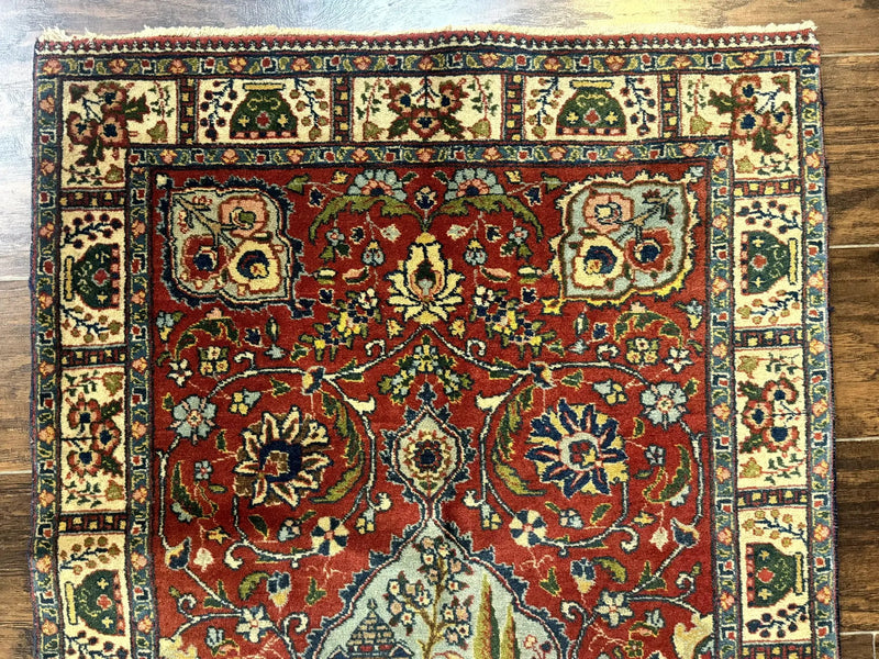 Small Persian Tabriz Rug 2.8 x 4.7, Red, Animal Pictorials, Semi Antique Vintage by Jewel Rugs