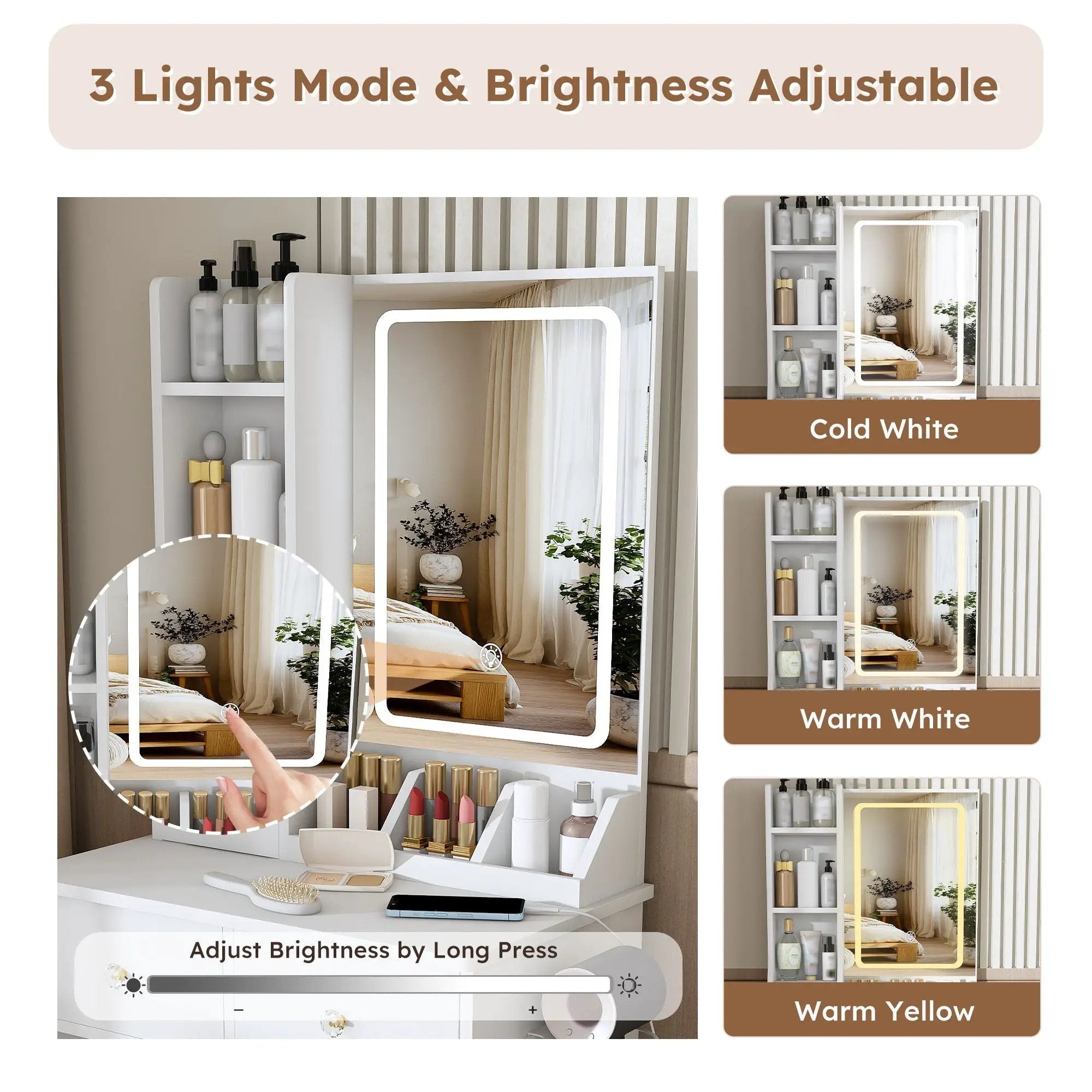 Modern Small Vanity Desk With 3 LED Lighting Modes, 3 Drawers by Unique Piece Furniture